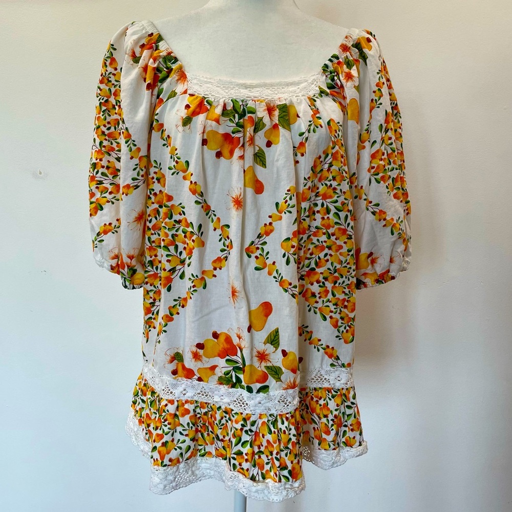 Nicole Miller Linen Blend Fruitful Puff Crochet Accent Tunic Womens Size Medium